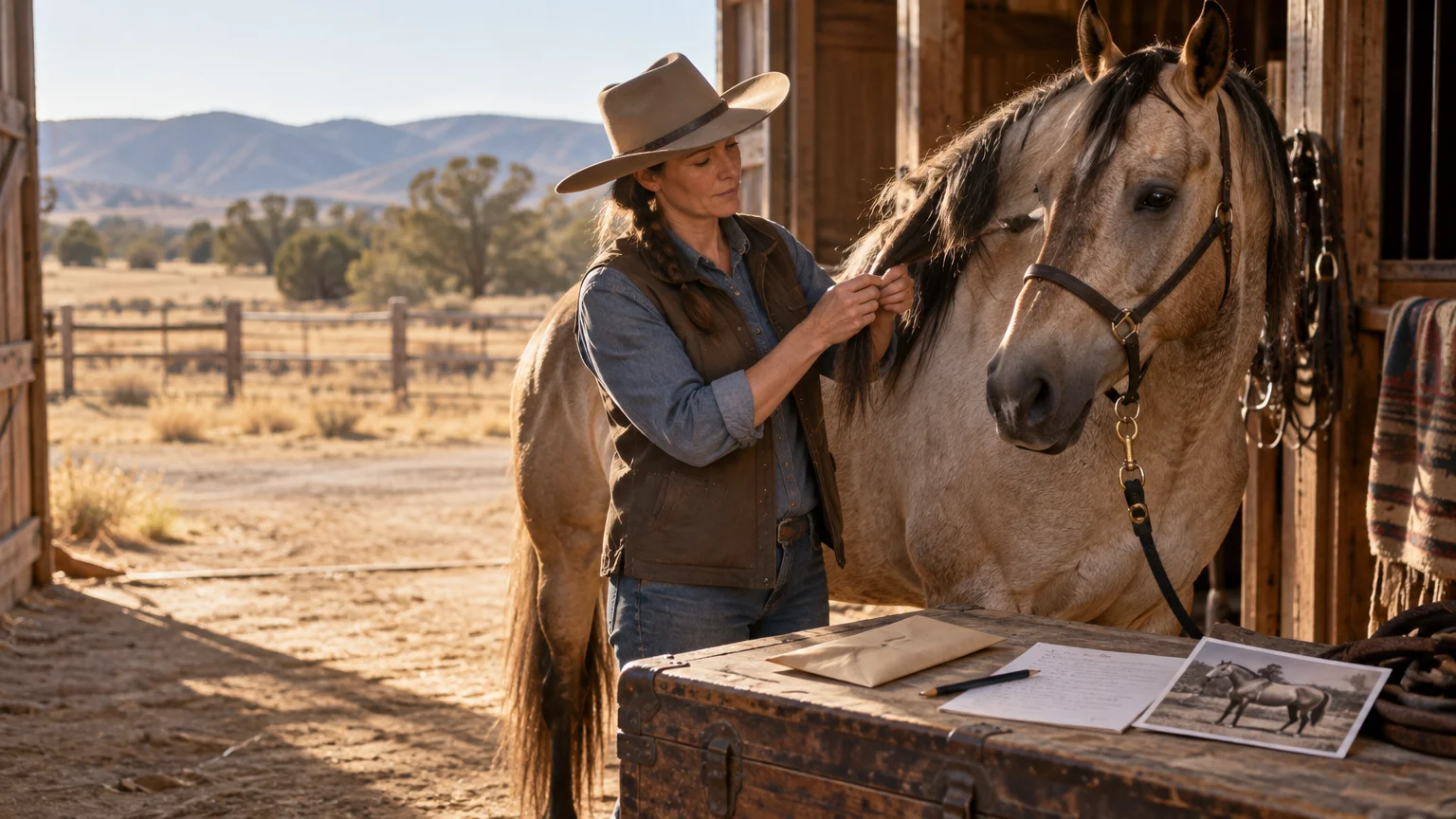 Woman in a ranch barn handling a gray horse’s mane beside a trunk holding paperwork, an envelope, pencil, and a horse photograph, with sunlit pasture and hills behind.