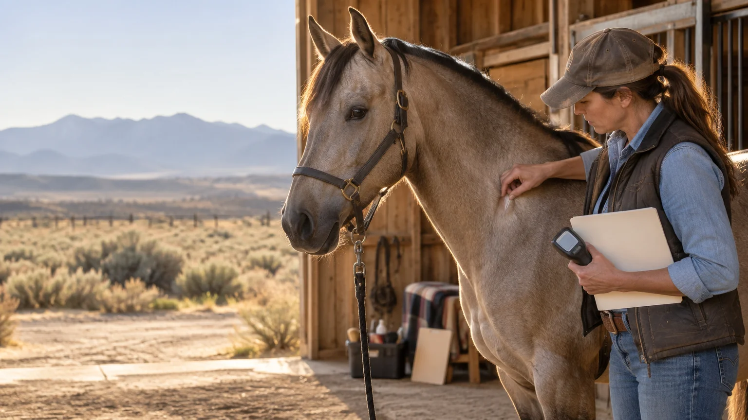 A woman holding a handheld scanner and folder stands beside a gray horse in a sunlit stable doorway, with a pasture and mountains in the background.