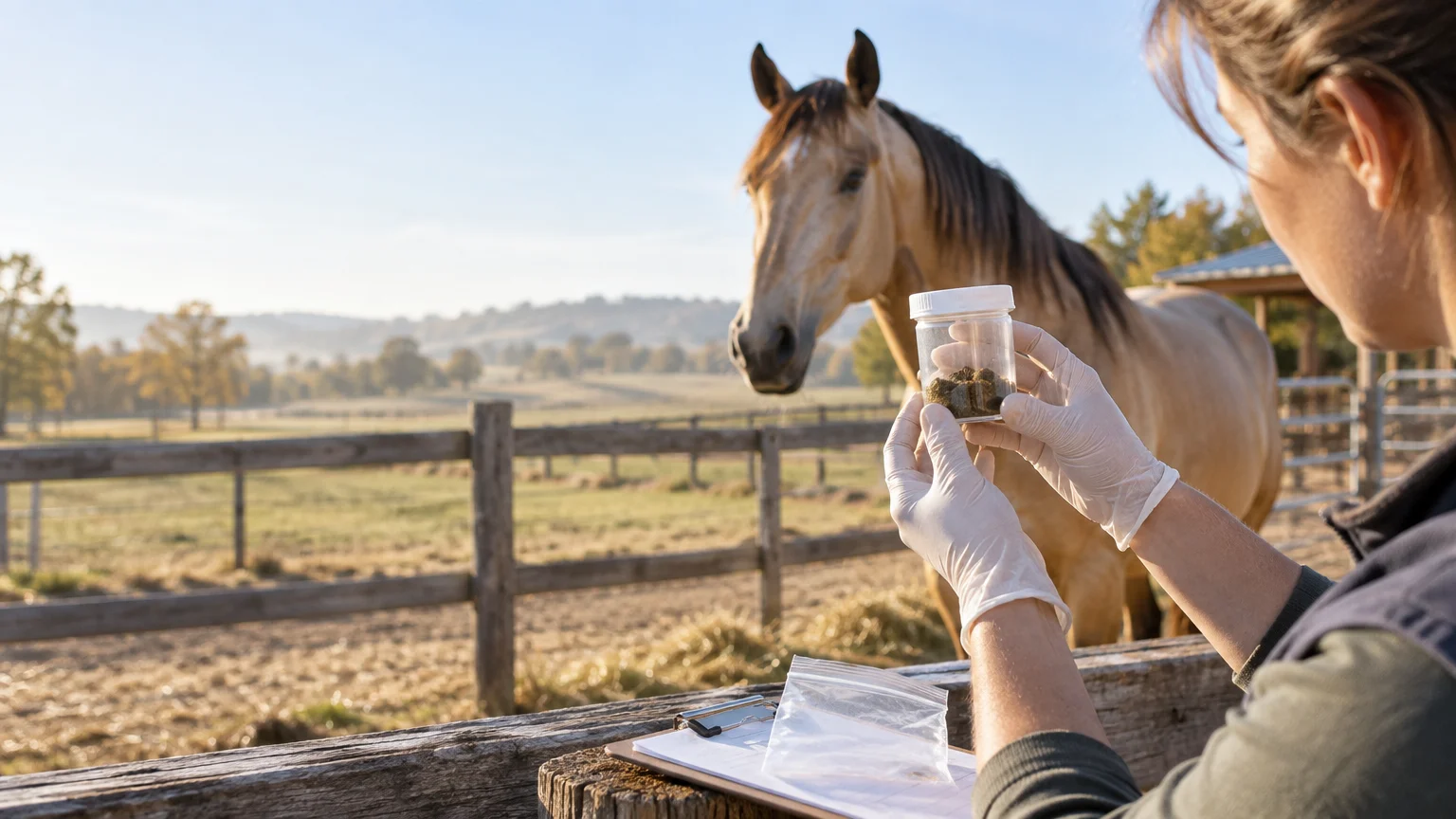 Gloved person holding a small clear jar containing a horse manure sample beside a horse in a fenced pasture.