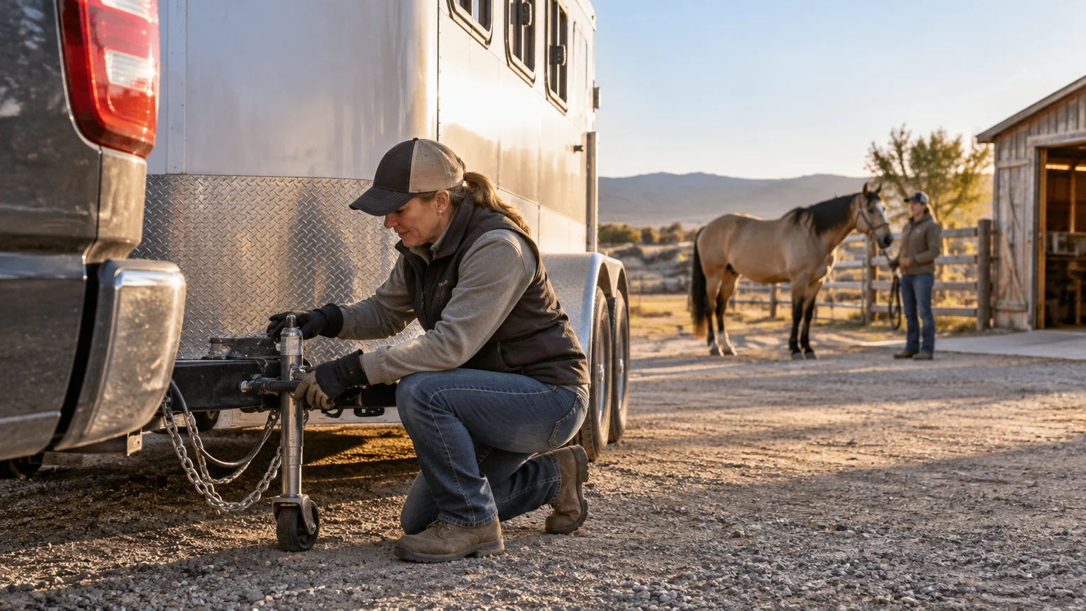 Person kneeling beside a pickup and horse trailer, checking the hitch and safety chains at a rural stable while another person holds a horse nearby in warm evening light.