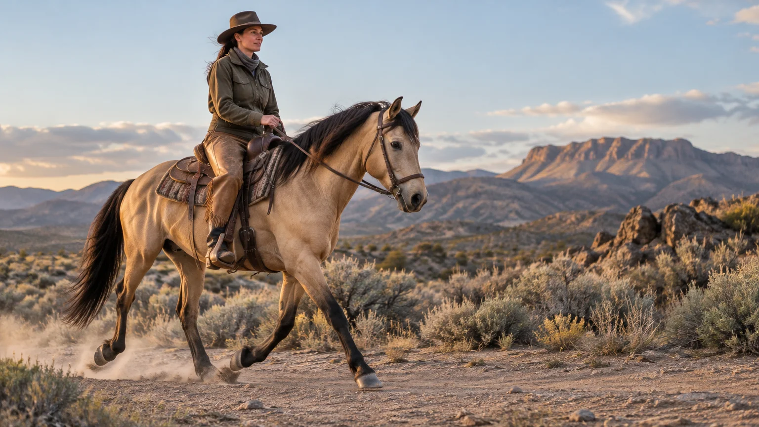 A rider in a wide-brimmed hat rides a tan horse at a forward gait along a dusty desert trail, with rocky mountains and warm evening light in the background.