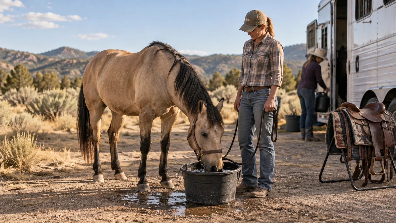 A horse drinks from a black water tub beside a white horse trailer while a woman holds its lead rope in a dry, mountainous trailhead setting; a saddled stand is nearby.