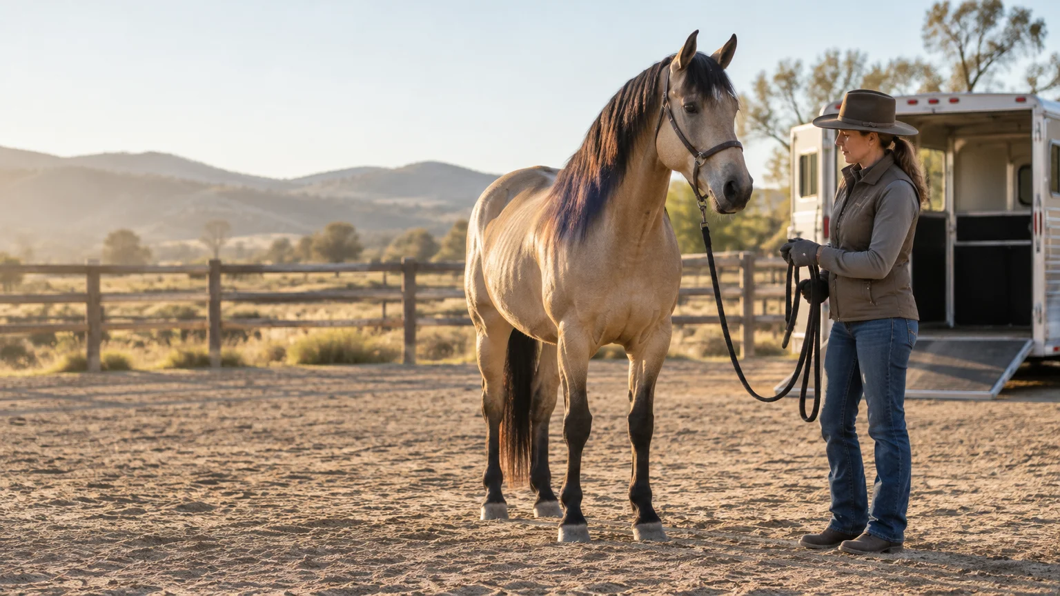 Handler holding a lead rope beside a calm horse in a sunlit paddock, with an open horse trailer behind them.